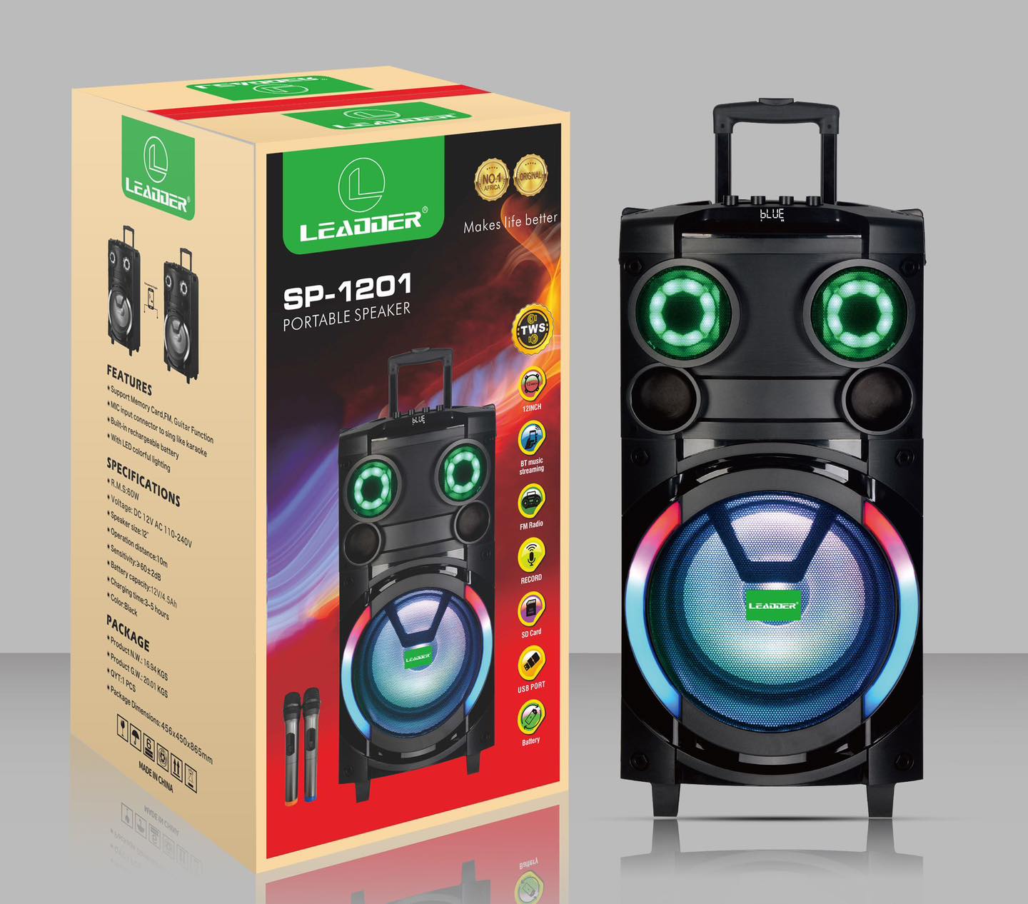 HAUT-PARLEUR PORTABLE 12 pouces/Leader/Écran de flamme/TWS/DC/Batterie/SP-1201